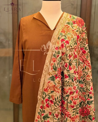 Brown co-ord set in plain Dhanak fabric with wide collar
