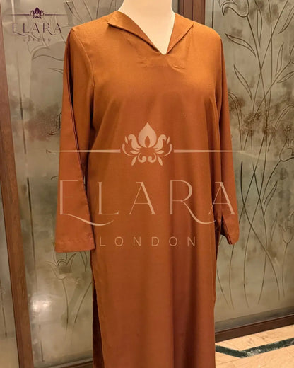 Brown co-ord set in plain Dhanak fabric with wide collar