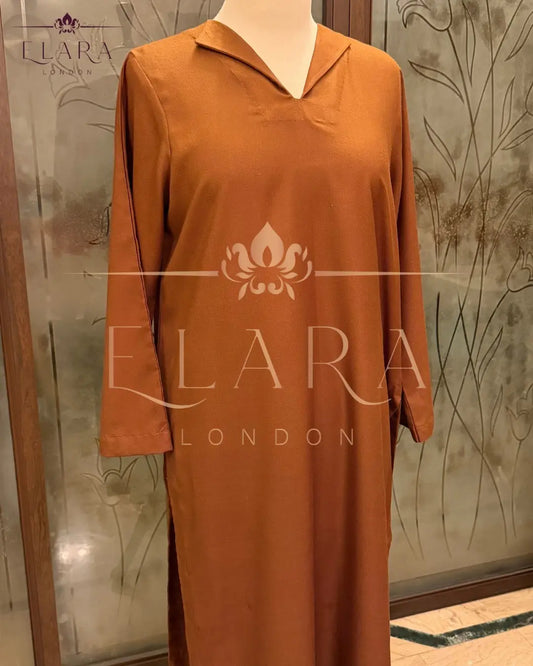 Brown co-ord set in plain Dhanak fabric with wide collar