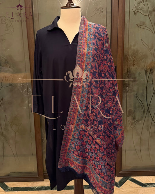 Navy blue co-ord set in plain Dhanak fabric with wide collar