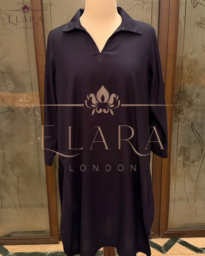 Navy blue co-ord set in plain Dhanak fabric with wide collar