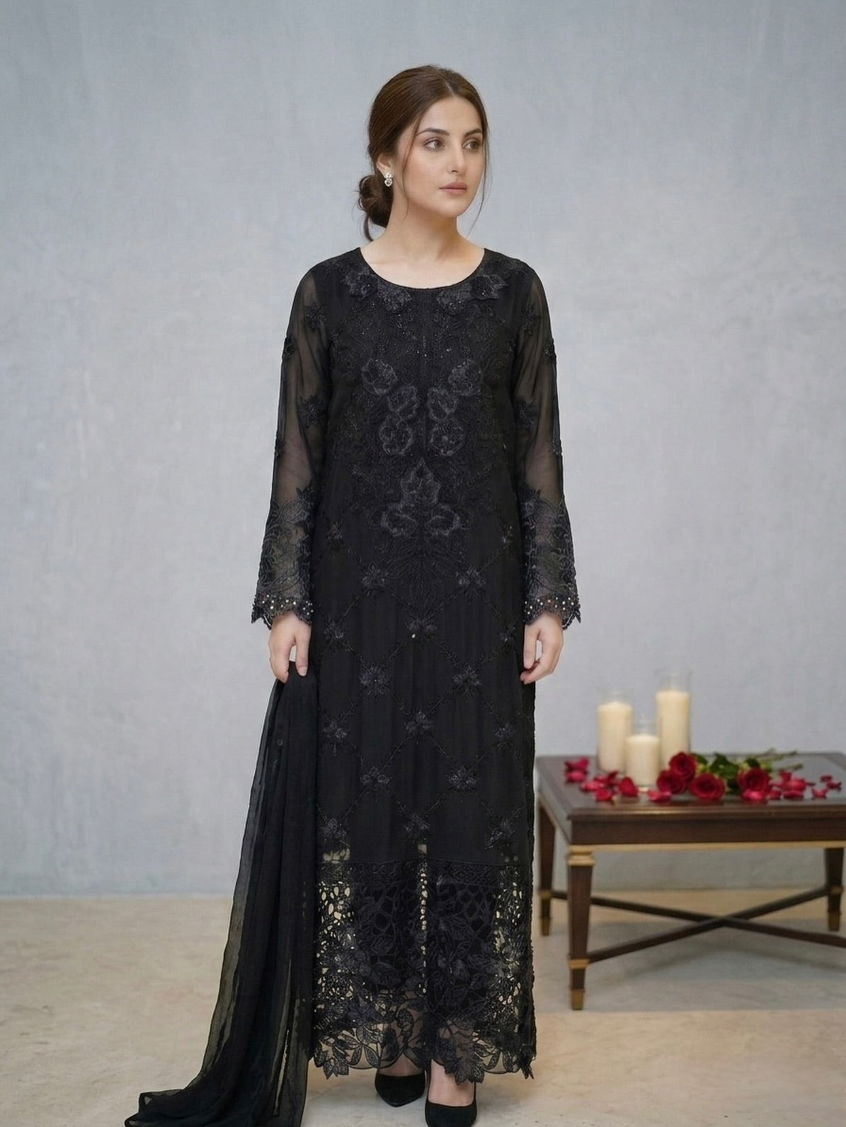 Black Chiffon Embroidered Outfit – Timeless 3-Piece Ensemble