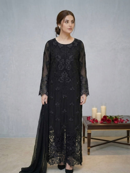 Black Chiffon Embroidered Outfit – Timeless 3-Piece Ensemble