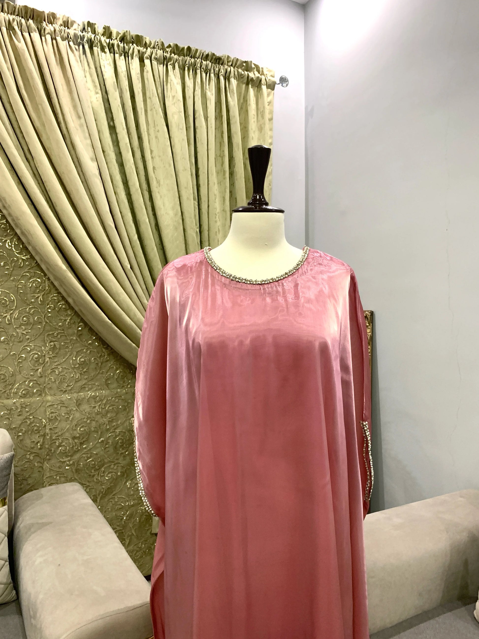 Blush pink silk gown kaftan with lace detailing