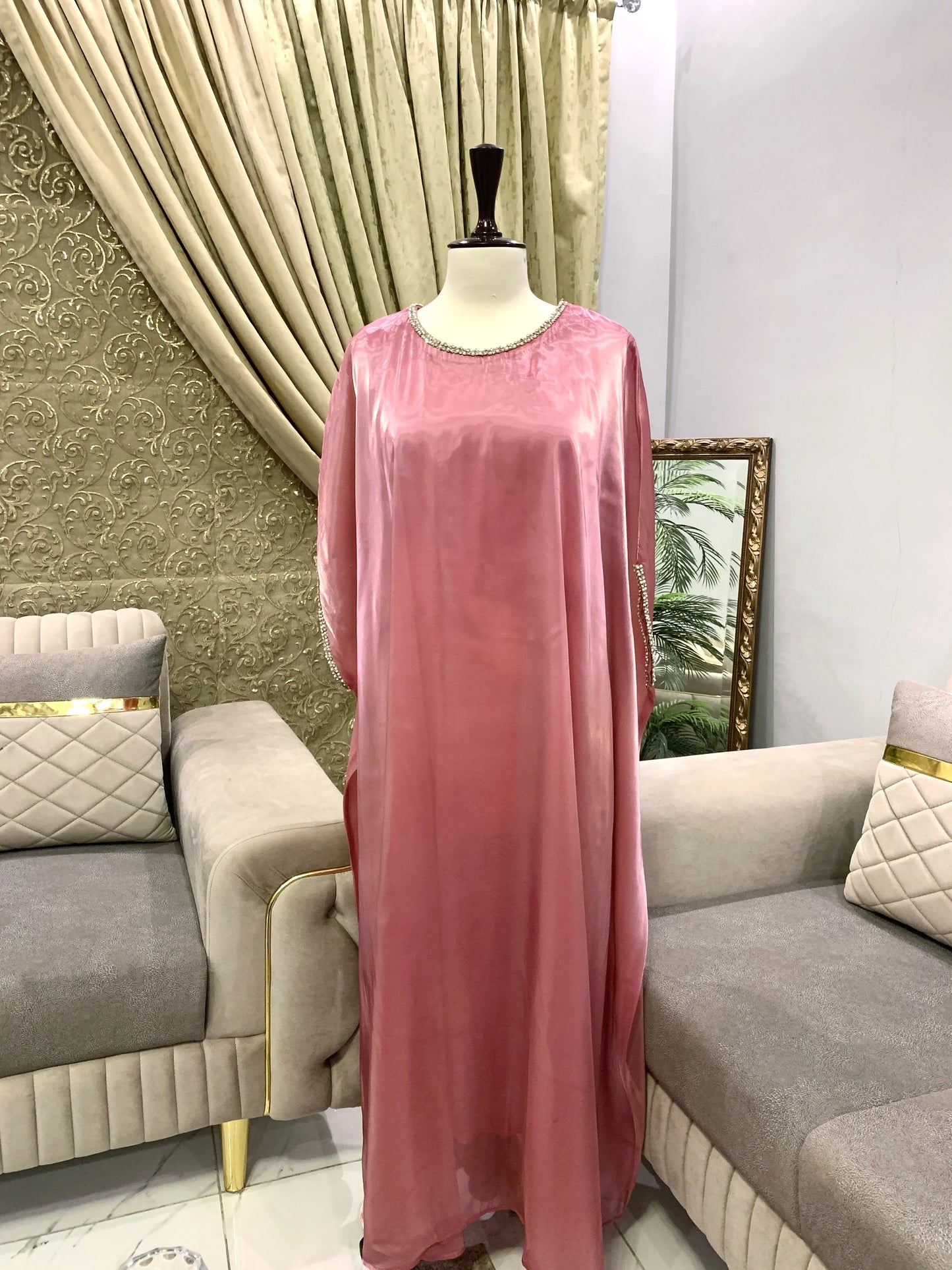 Blush pink silk gown kaftan with lace detailing