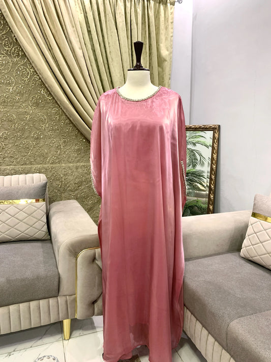 Blush pink silk gown kaftan with lace detailing