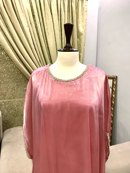 Blush pink silk gown kaftan with lace detailing