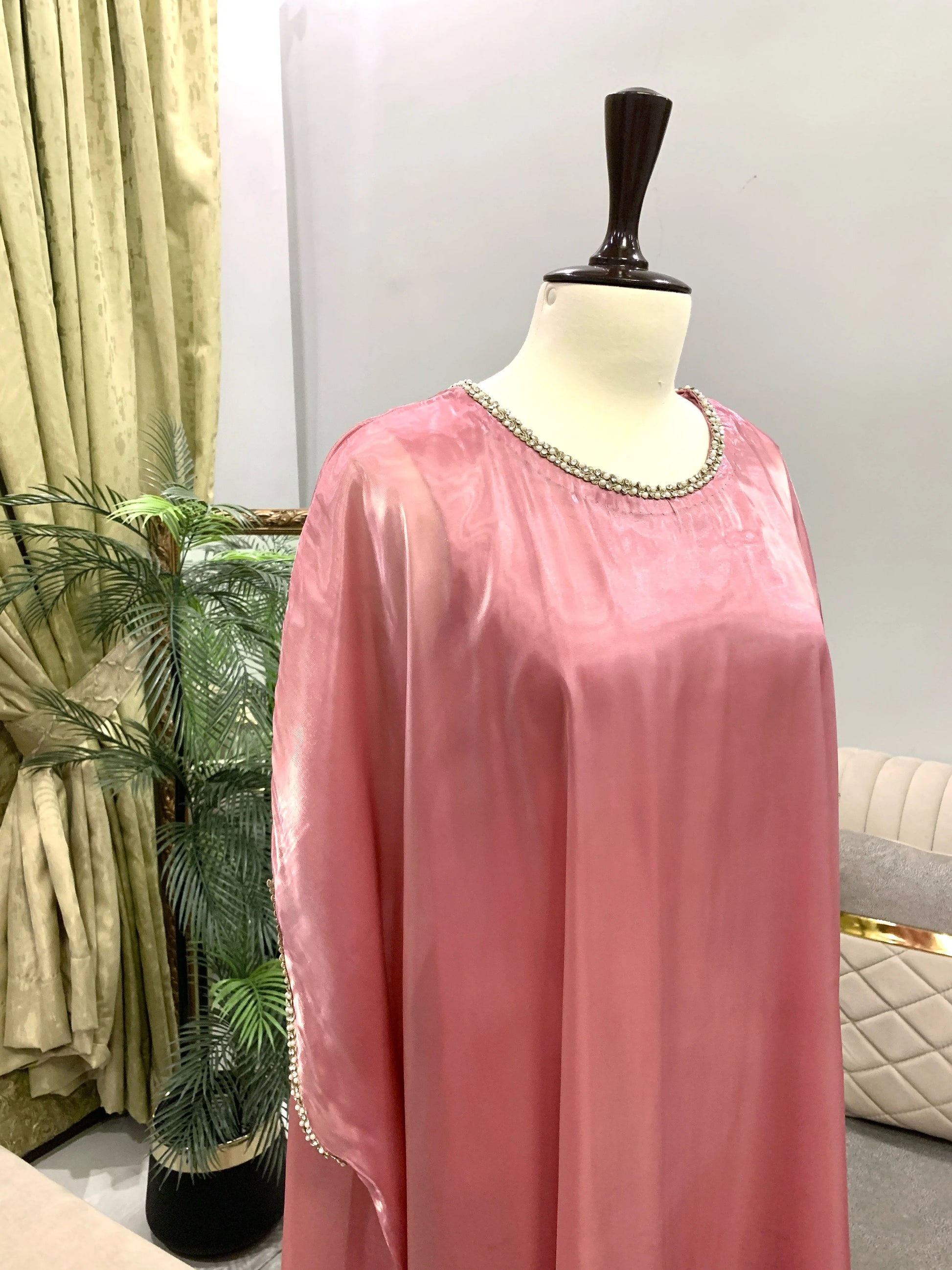 Blush pink silk gown kaftan with lace detailing