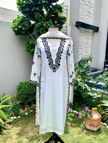 Black and white silk outfit with embroidered 3-piece ensemble