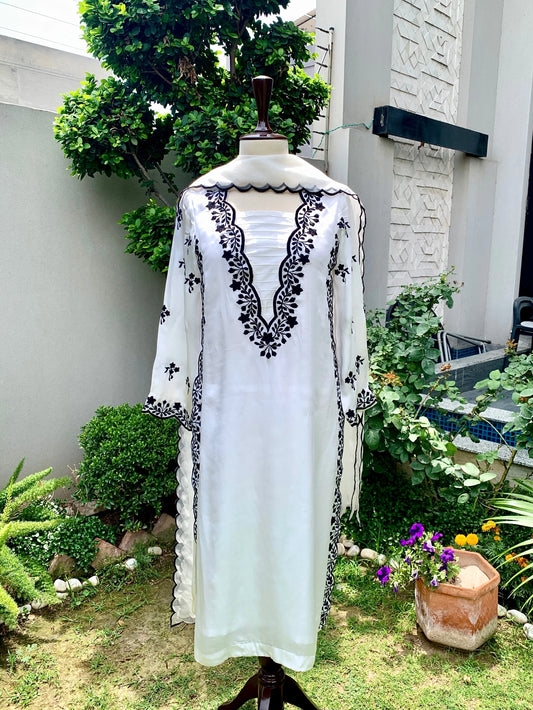 Black and white silk outfit with embroidered 3-piece ensemble