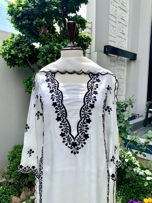 Black and white silk outfit with embroidered 3-piece ensemble