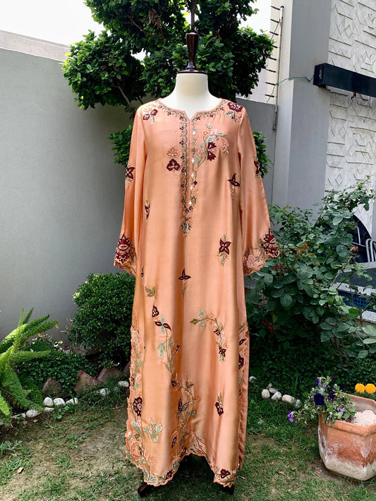 Sunset peach silk embroidered kaftan with intricate handwork and multicolored embroidery