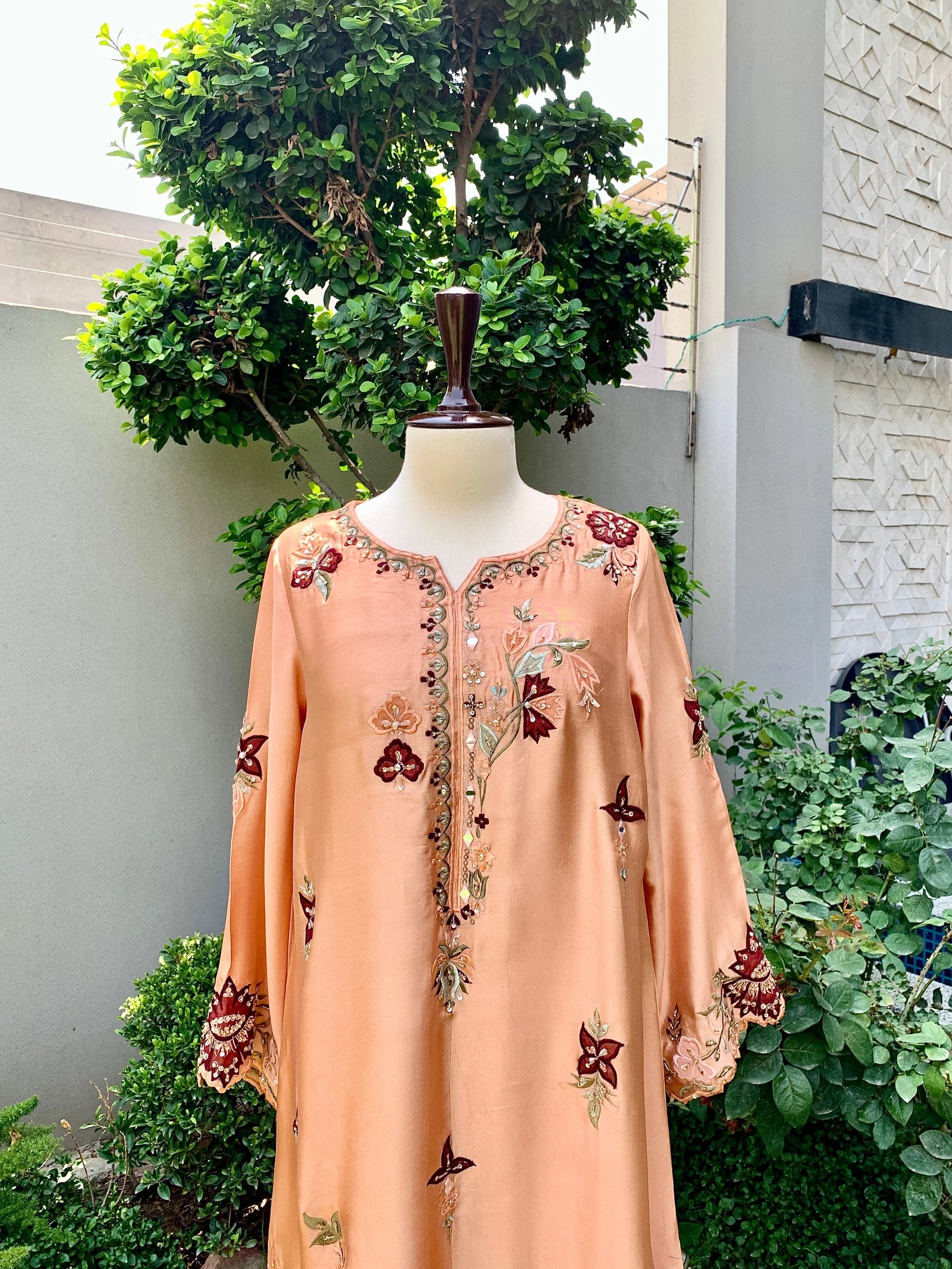 Sunset peach silk embroidered kaftan with intricate handwork and multicolored embroidery