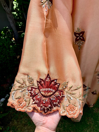 Sunset peach silk embroidered kaftan with intricate handwork and multicolored embroidery