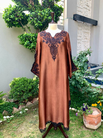 Brown silk embroidered kaftan with cutwork and hand embellishments
