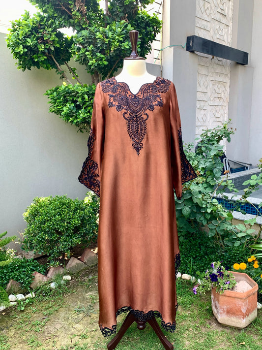 Brown silk embroidered kaftan with cutwork and hand embellishments