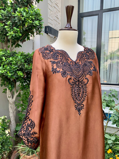 Brown silk embroidered kaftan with cutwork and hand embellishments