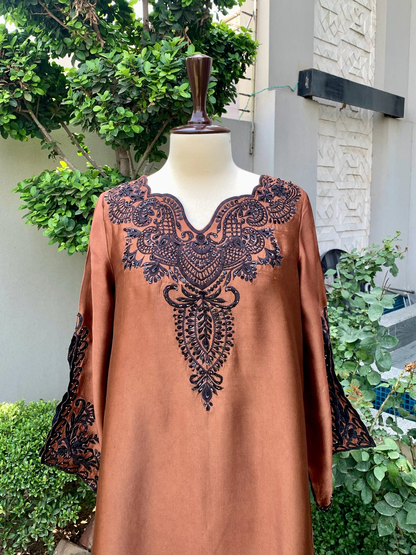 Brown silk embroidered kaftan with cutwork and hand embellishments