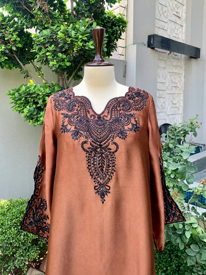 Brown silk embroidered kaftan with cutwork and hand embellishments