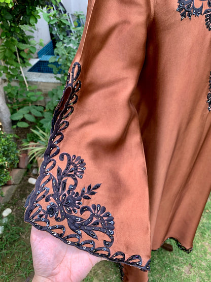 Brown silk embroidered kaftan with cutwork and hand embellishments