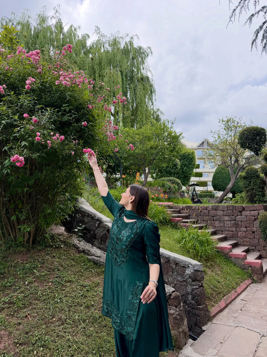 Green embroidered farshi shalwar set in emerald green