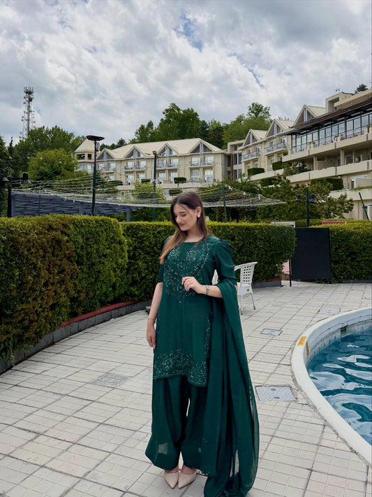 Green embroidered farshi shalwar set in emerald green