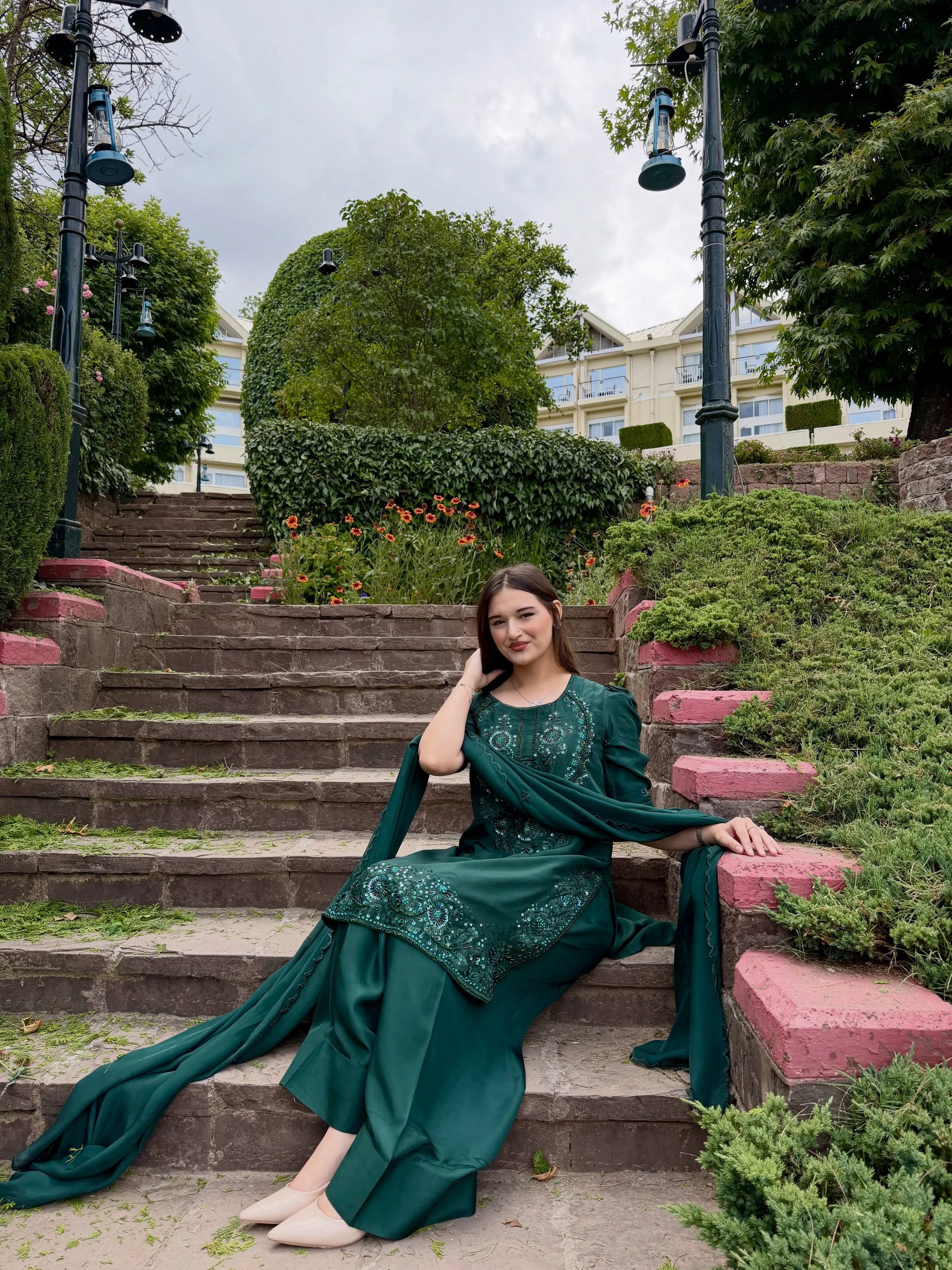 Green embroidered farshi shalwar set in emerald green