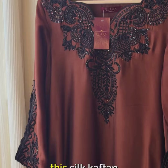 Brown silk embroidered kaftan with cutwork and hand embellishments