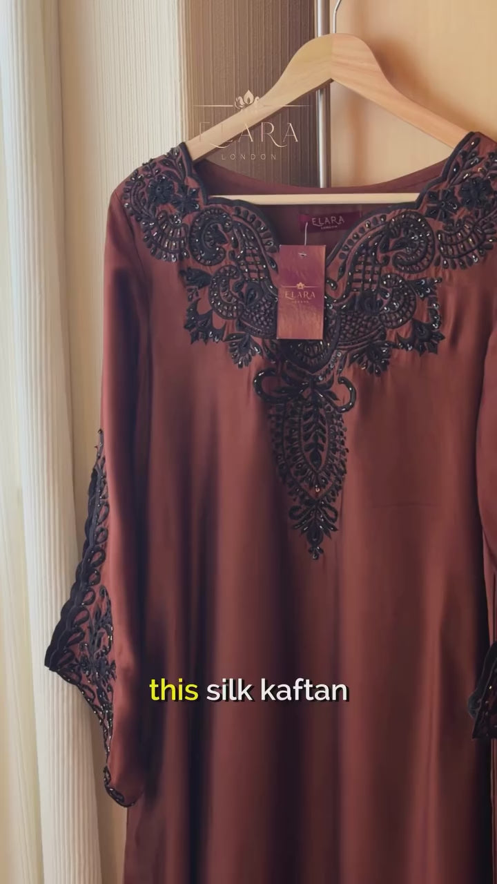 Brown silk embroidered kaftan with cutwork and hand embellishments