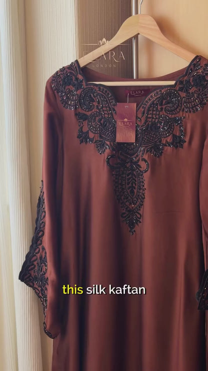 Brown silk embroidered kaftan with cutwork and hand embellishments