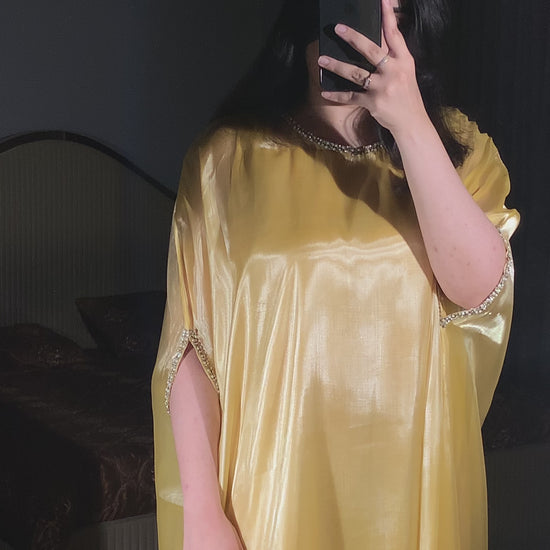 Butter yellow silk gown kaftan with lace detailing on neckline