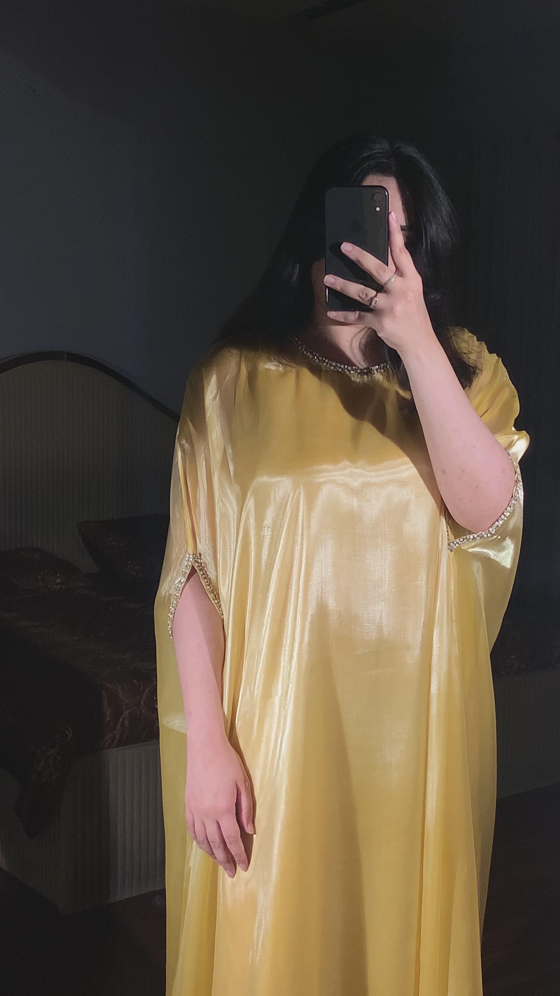 Butter yellow silk gown kaftan with lace detailing on neckline