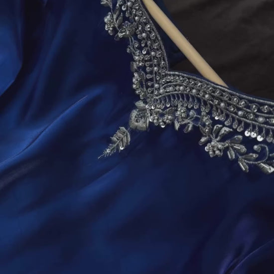 Royal blue silk set with fine thread embroidery and stone embellishments