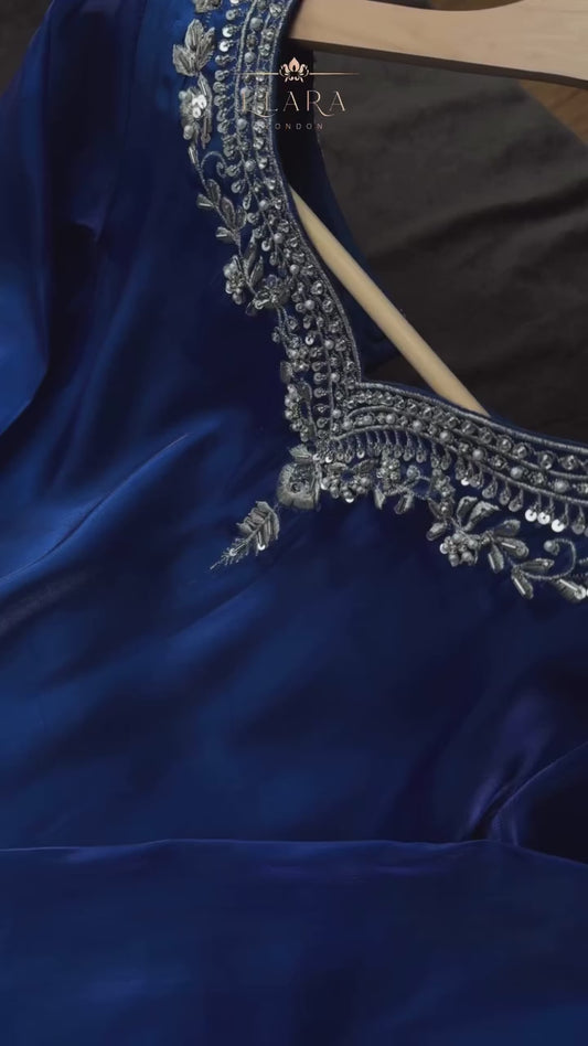 Royal blue silk set with fine thread embroidery and stone embellishments