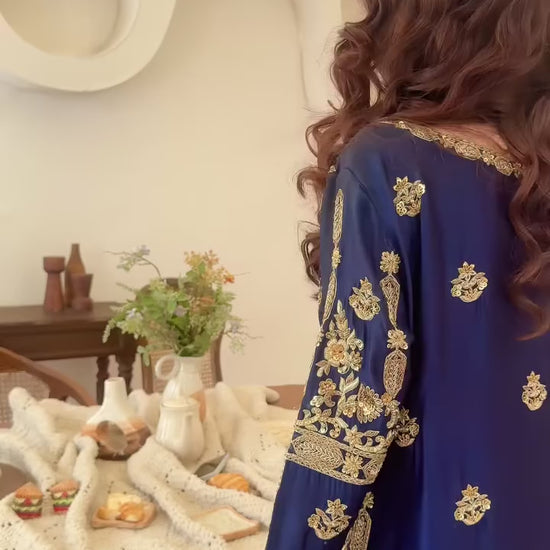 Silk deep blue zari wedding outfit with hand-made zari work on tussar silk