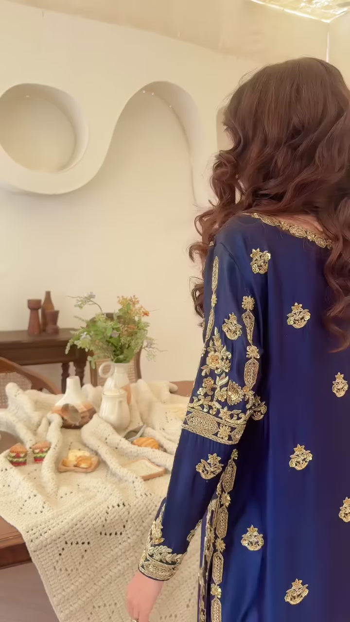 Silk deep blue zari wedding outfit with hand-made zari work on tussar silk