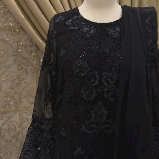 Black chiffon embroidered outfit with handcrafted stonework