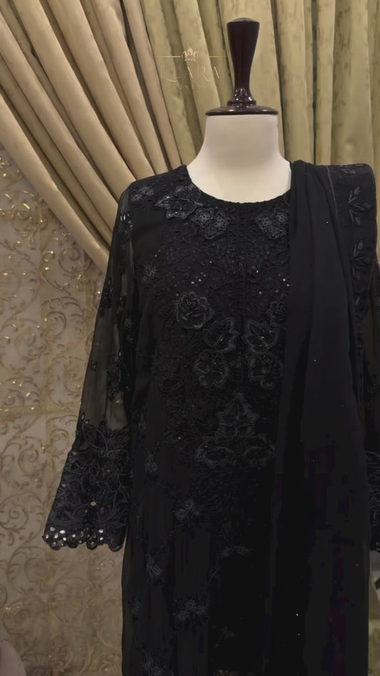 Black chiffon embroidered outfit with handcrafted stonework