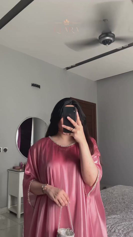 Blush pink silk gown kaftan with lace detailing
