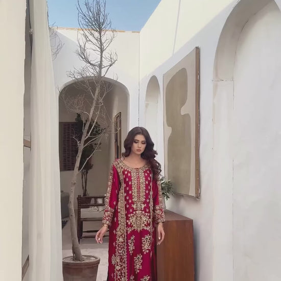 Hot pink silk zari wedding outfit with tussar silk embroidery