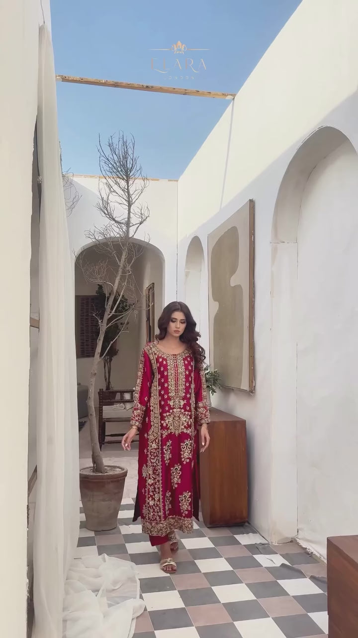 Hot pink silk zari wedding outfit with tussar silk embroidery