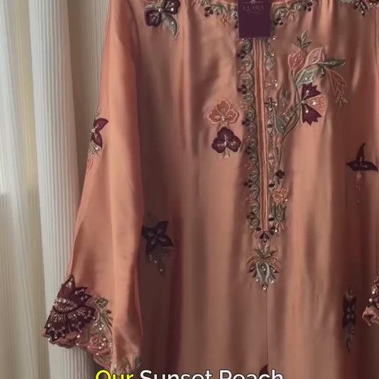 Sunset peach silk embroidered kaftan with intricate handwork and multicolored embroidery