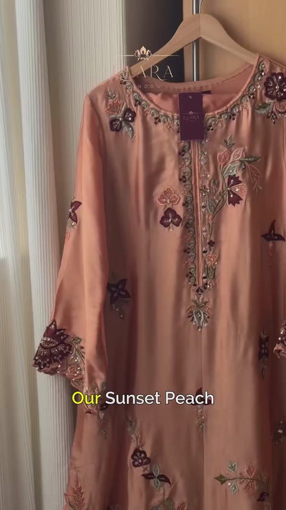 Sunset peach silk embroidered kaftan with intricate handwork and multicolored embroidery