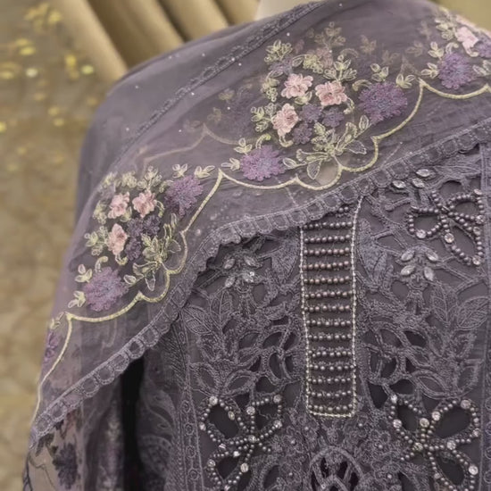 Light purple organza embroidered outfit with stonework