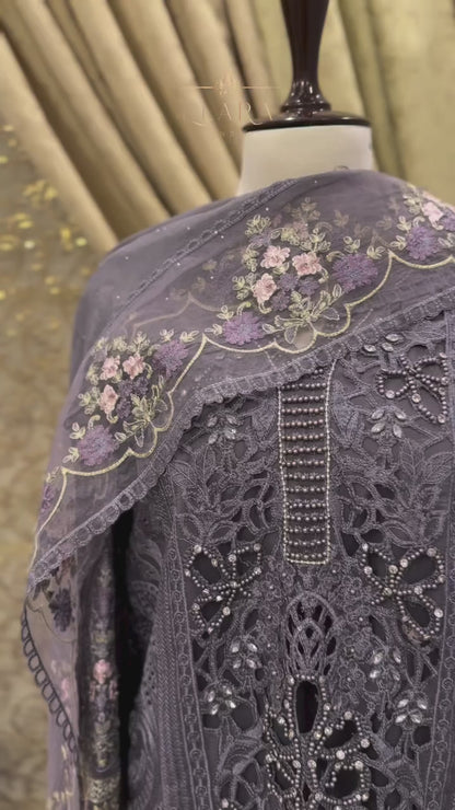 Light purple organza embroidered outfit with stonework