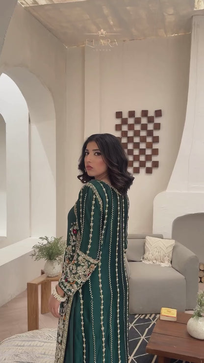 Silk emerald green zari wedding outfit with hand-made zari work on tussar silk
