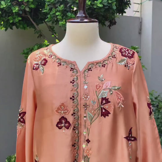 Sunset peach silk embroidered kaftan with intricate handwork and multicolored embroidery