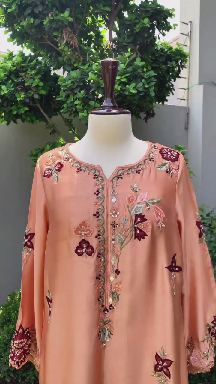 Sunset peach silk embroidered kaftan with intricate handwork and multicolored embroidery
