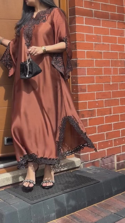 Brown silk embroidered kaftan with cutwork and hand embellishments