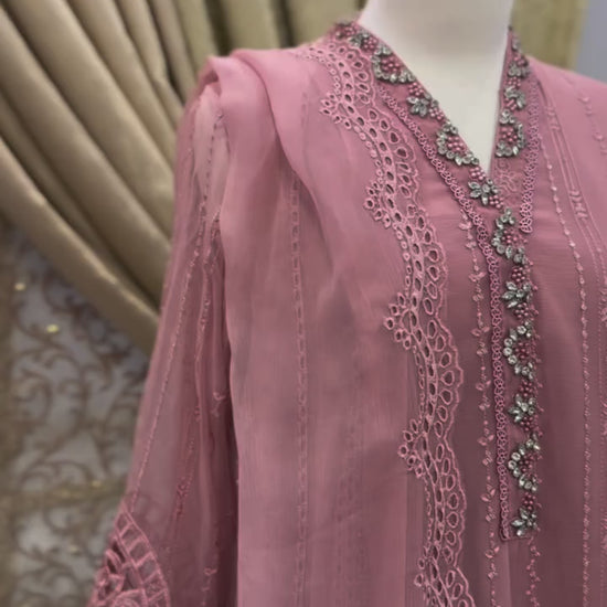 Pink chiffon embroidered outfit with handcrafted stonework